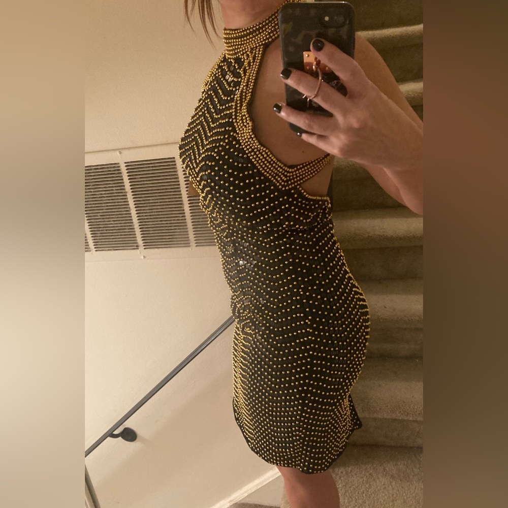 Vintage sequined black and gold beaded embellished halter dress